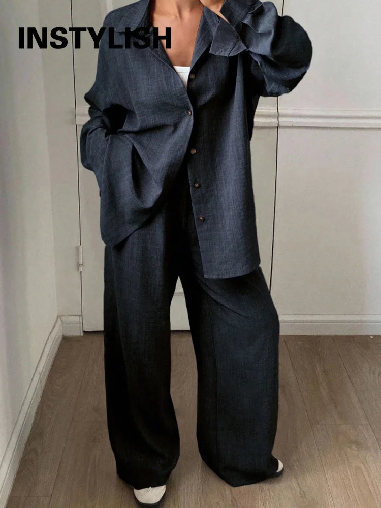 2026 New Women Linen Two Piece Outfit Set Lapel Long Sleeve Button Shirts Elastic Waist Wide Leg Pants Casual Loose Home Suit