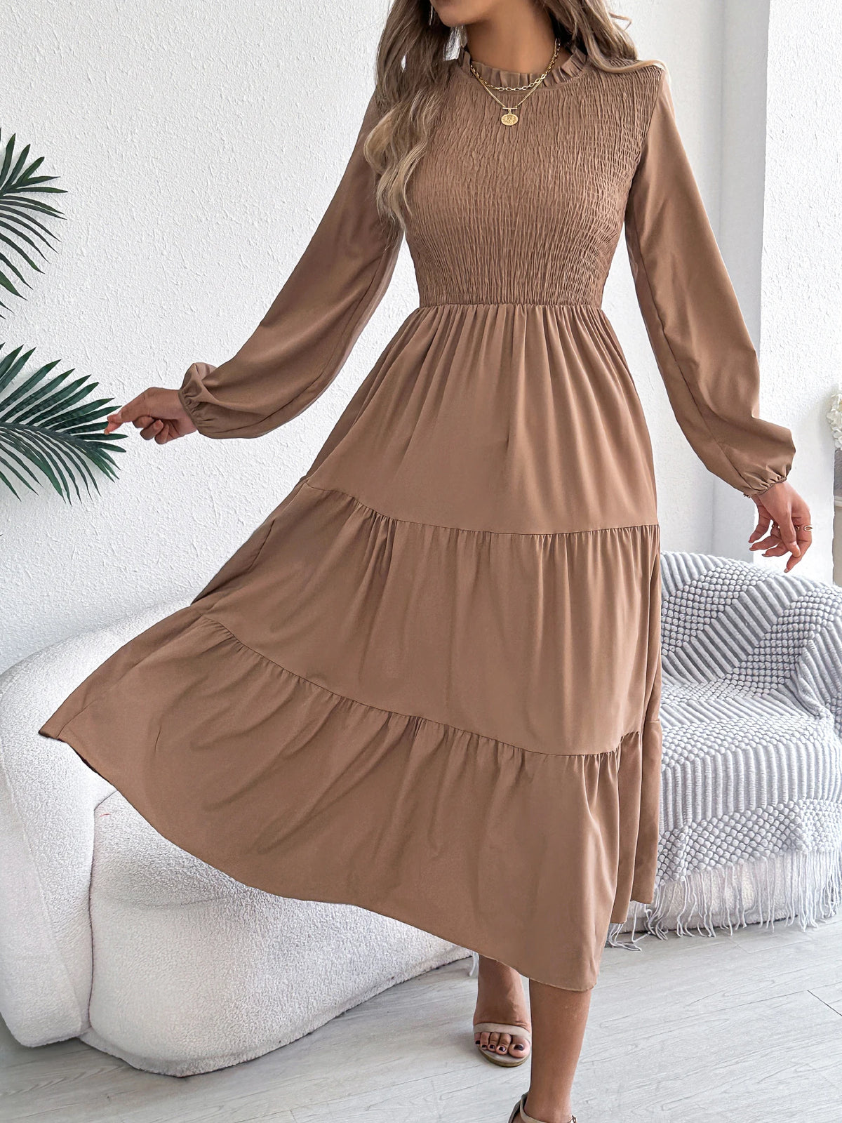Autumn Winter Elegant Dress for Women Solid Color Round Neck Lantern Long Sleeve Ruffled Dresses Khaki Green Red Woman Clothing