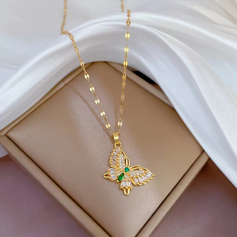 Fantastic Crystal Gold-Color Butterfly Necklace For Women Rhinestone Symmetrical Pendant Accessories Party Jewelry Gifts