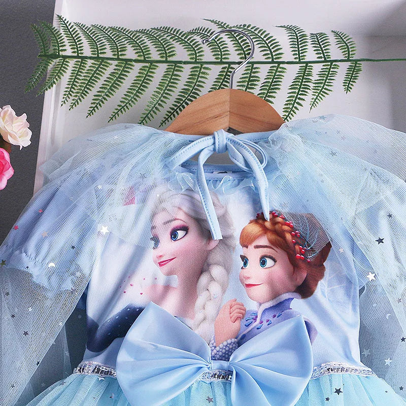 Disney Elsa Princess Dress with Cape Girls Dress Summer Kids Short Sleeve for Children's  2-8Y