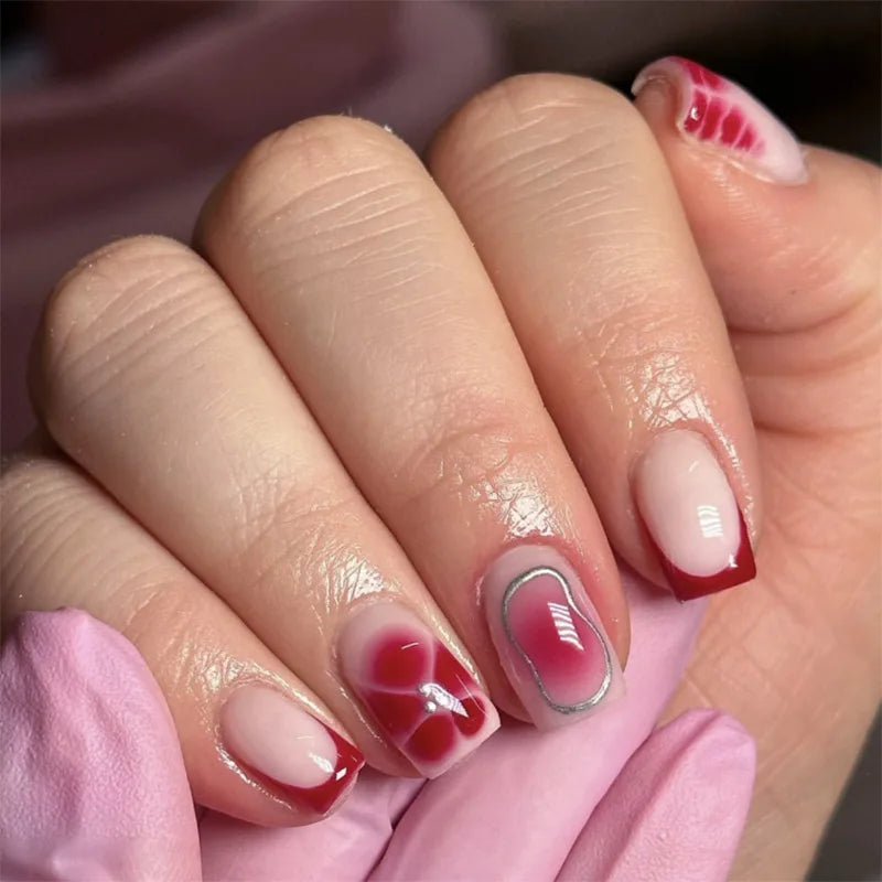 24Pcs Solid Black Short False Nails with Rose Pattern Design Ballerina Square Artificial Full Cover Press on Nail Tips for Girls
