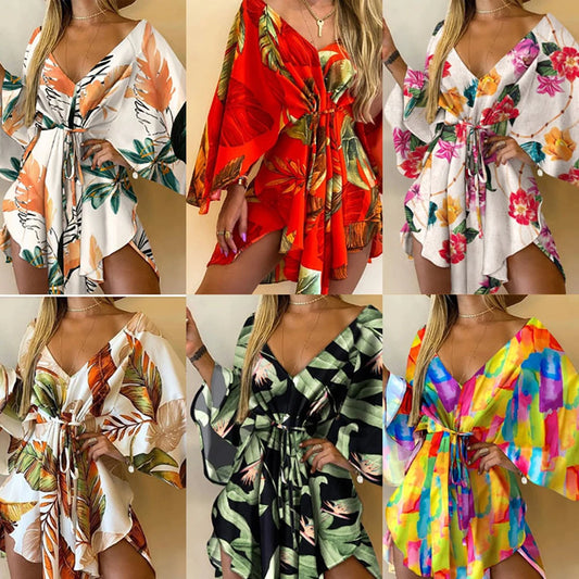 Sexy V-Neck Floral Boho Dress – Asymmetrical Loose Fit with Batwing Sleeves | فستان بوهيمي صيفي واسع بنقشة أوراق وياقة V وأكمام بات وينغ غير متماثل