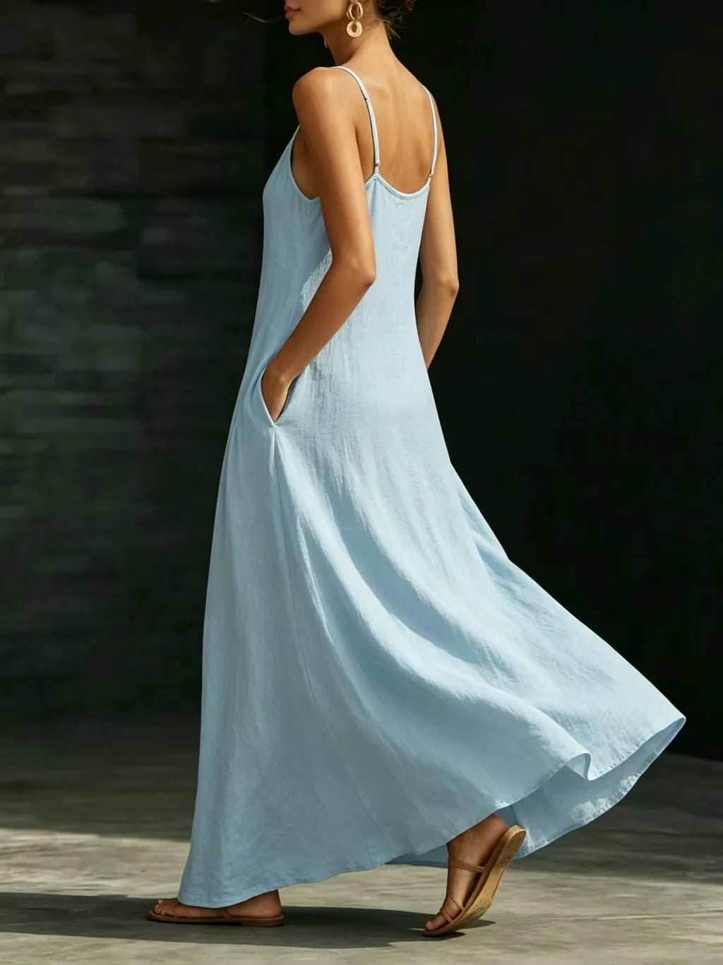 Women Linen Spaghetti Strap Maxi Dress V Neck Loose Swing Long Dress With Pockets Casual Summer Beach Vacation Sundress Ladies