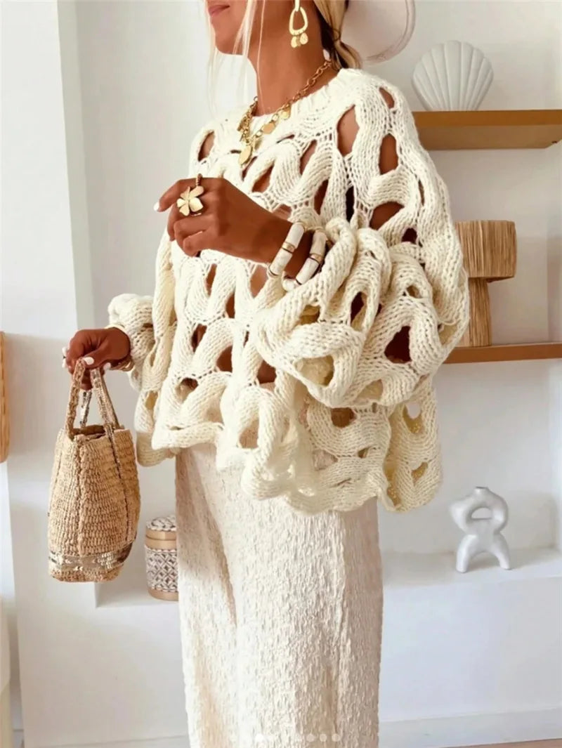 BKLD Ladies' Casual Solid Color Leisure Vacation Beach Hollow Out Crochet Long Sleeve Sweater Pullovers Knitted Tops Women