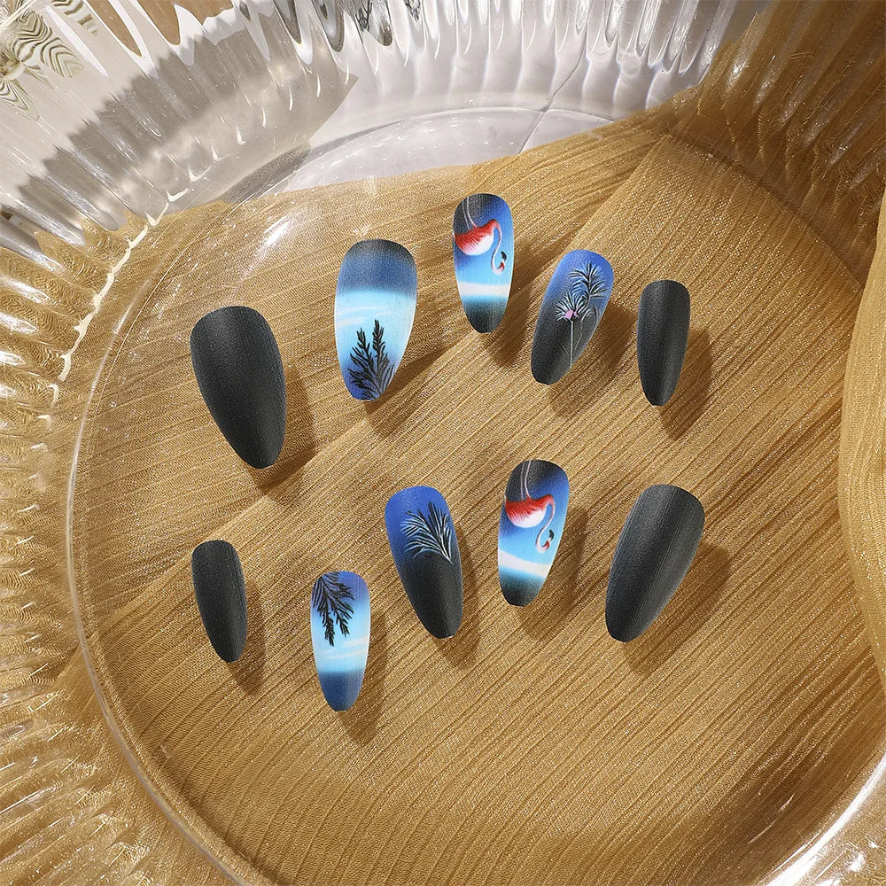 24pcs/set medium long fake nails square ballet nail tips glitters starry sky moon star feather design press on false nail art