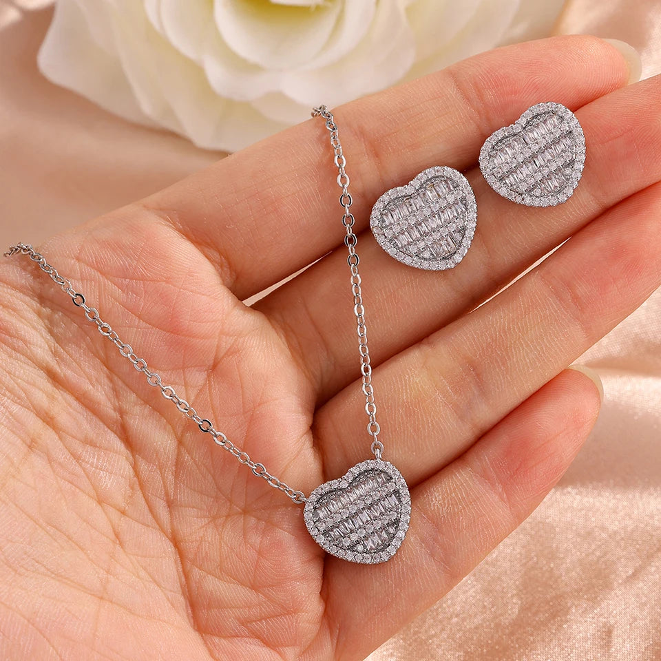ZAKOL New Iced Out Zirconia Heart Necklace Earrings Set for Women Bling Cubic Zirconia Luxury Wedding Party Jewelry Gift