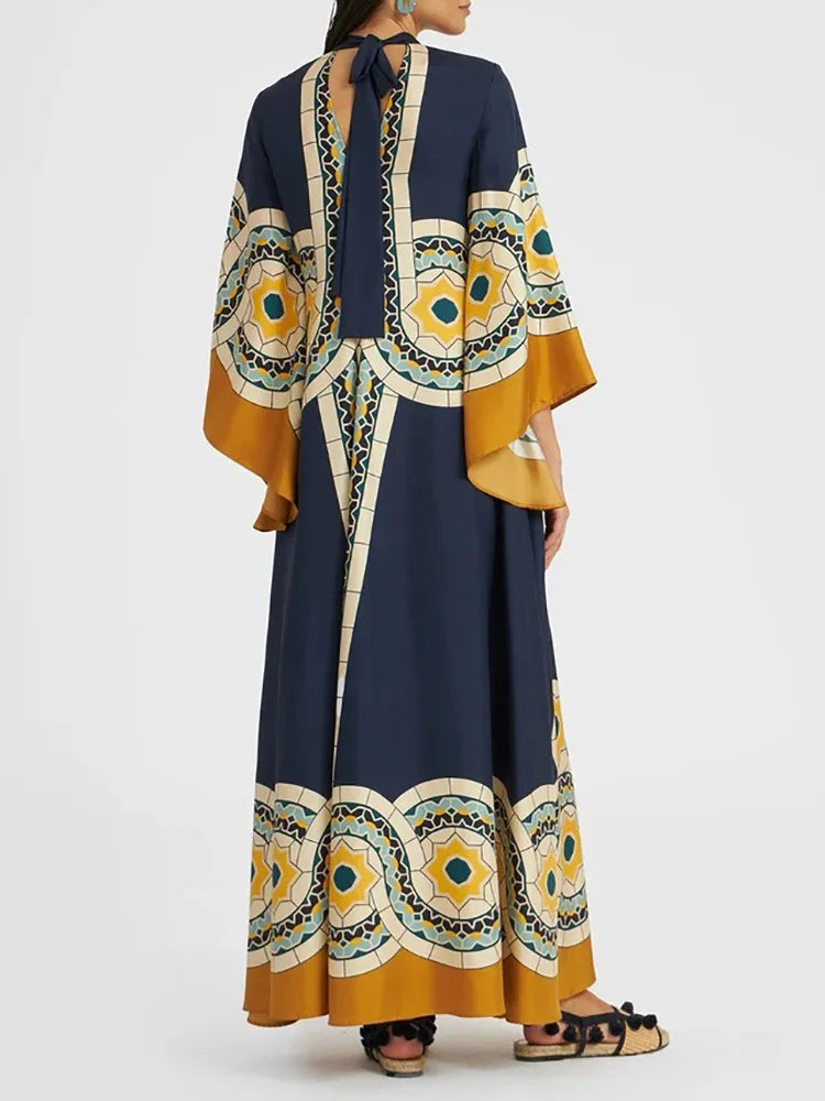 Elegant Stand Collar Printed Dress – High Waist Long Sleeve Casual Party Wear | فستان نسائي أنيق بطبعة وياقة عالية – خصر مرتفع وأكمام طويلة لإطلالة كاجوال أو حفلات