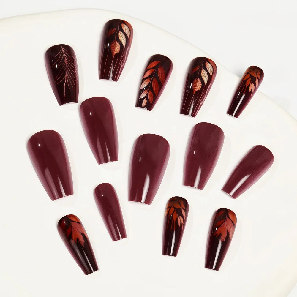 Medium long fake nails for women gilrs gradient brown coffee flora leaf design reusable full over press on Artificial Nails set