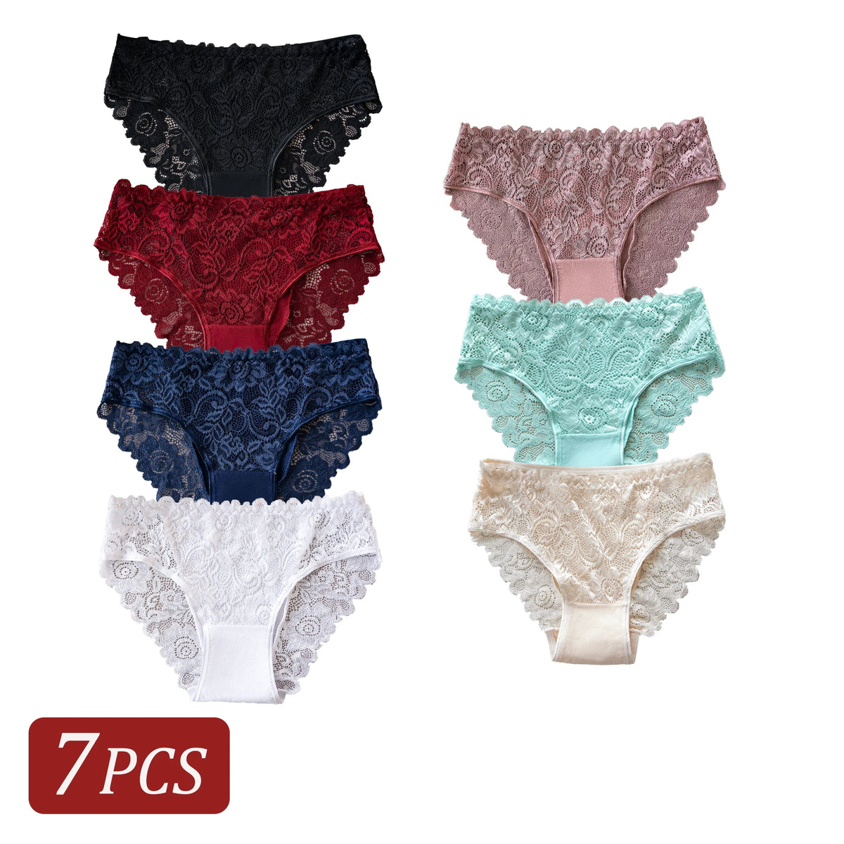 7PCS Elegant Lace Floral Underwear Solid Color Comfortable Cotton Panties Sexy Briefs Mature Female Lingerie Change Everyday