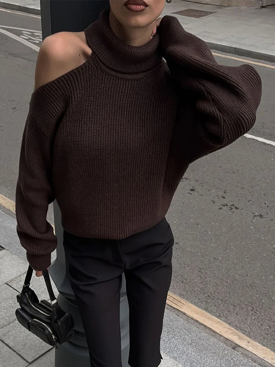 Women New Turtleneck Cutout Shoulder Pullover Long Sleeve Ribbed Knit Trendy Loose Fit Sweater Autumn Winter Fashion Streetwear