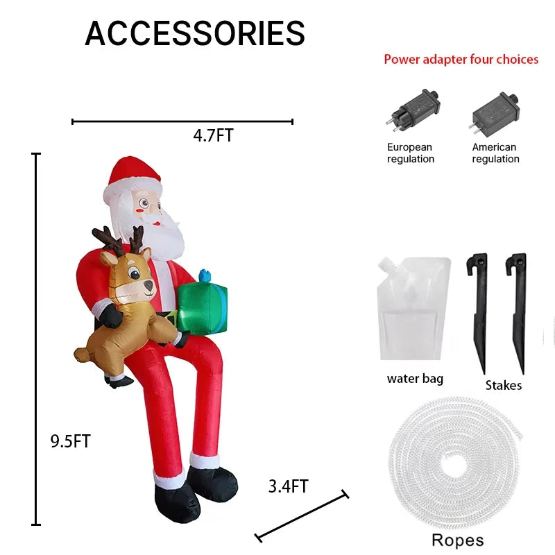 9.5FT Inflatable Santa Claus Sitting on Roof,Blow Up Santa Holding Reindeer Gift Box,Outdoor Yard Christmas Holiday Decorations