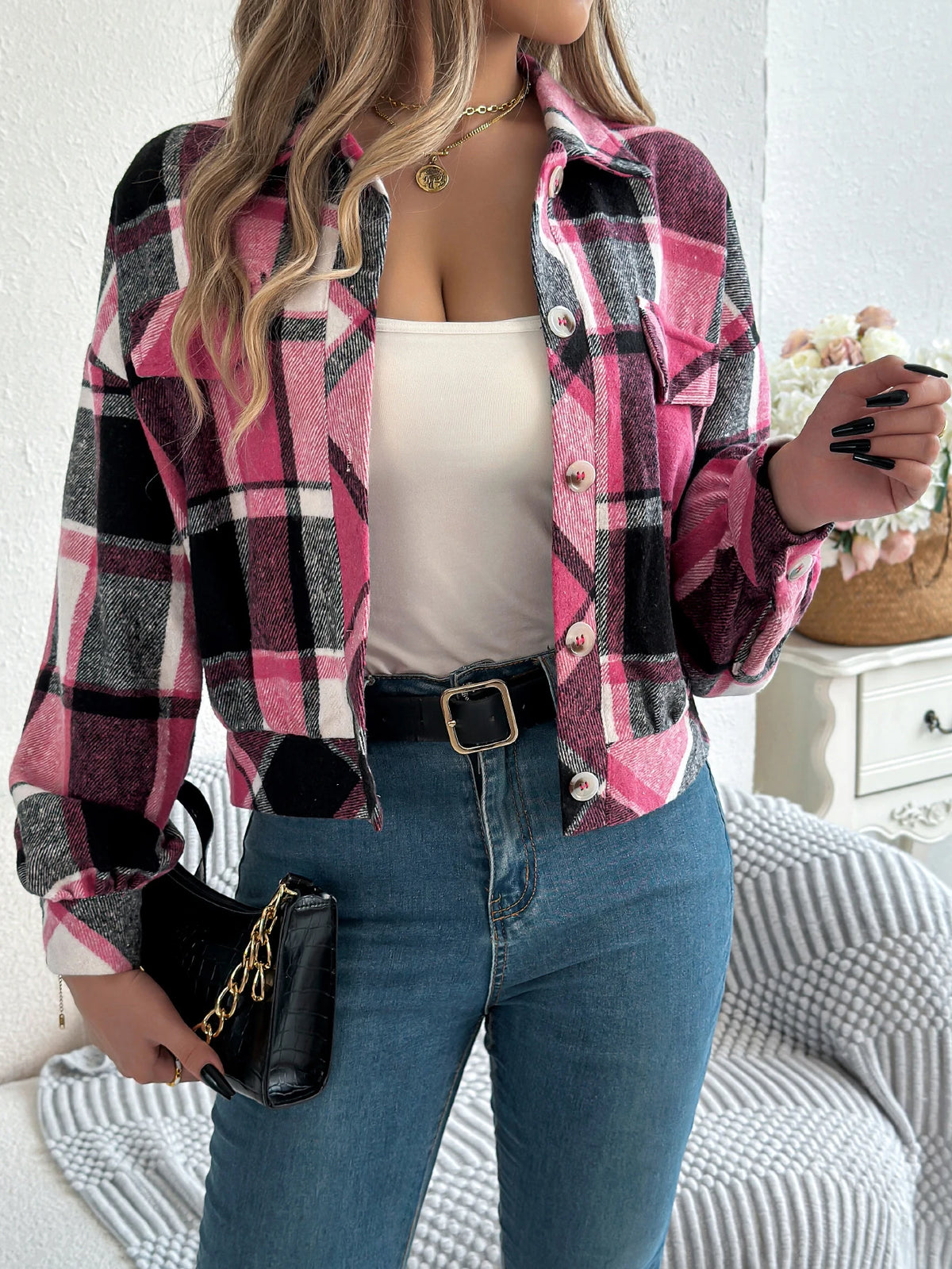 Autumn Winter Casual Plaid Cropped Jacket Lapel Lantern Long Sleeve Single Breasted Woolen Jacket 2026 Fashion Women Clothes