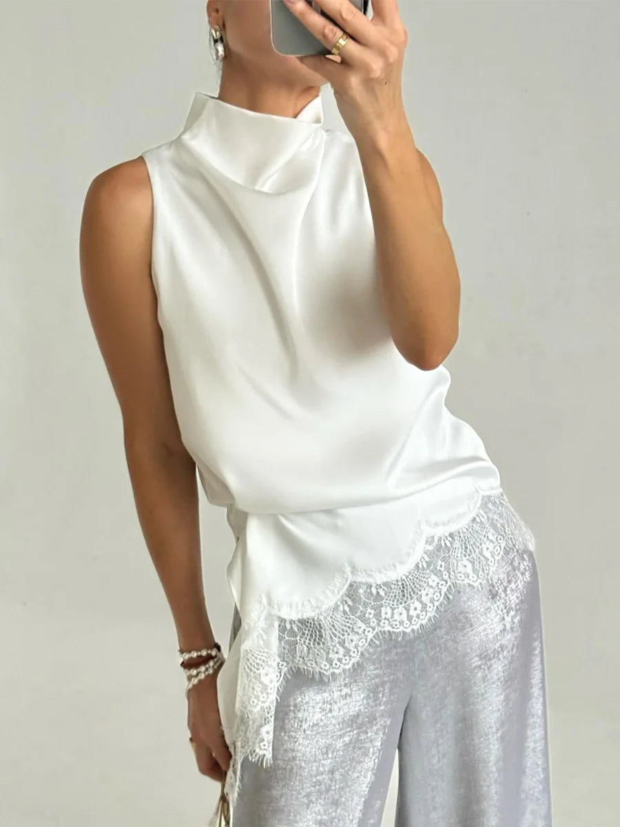 BKLD Fashion Lace Patchwork Turtleneck Vest 2026 Summer New Irregular Vest Satin Sleeveless Tops Streetwear Clothes For Women