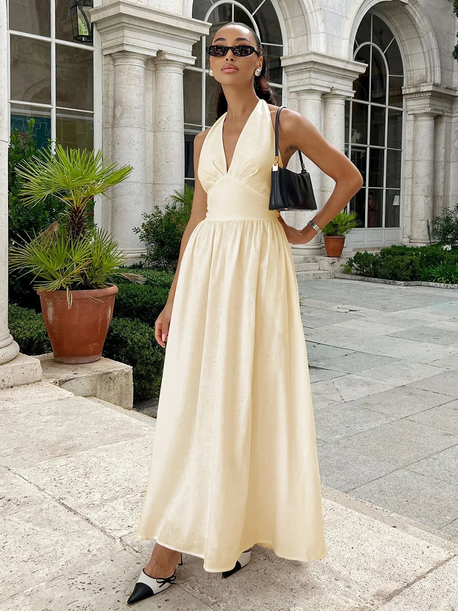 BKLD Pure Cotton Long Dresses 2026 Spring Summer High Waist V-Neck Lace-Up Maxi Dress Party Clubwear Solid Color Women Clothing