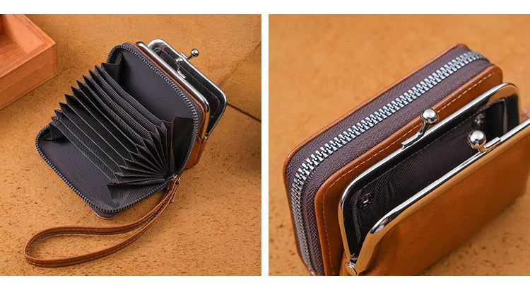 Women's Wallet Fashionableand Minimalist Wrist Strap Short Zero Wallet RetroVersatile LargeCapacity Multi Card Pocket Money Clip