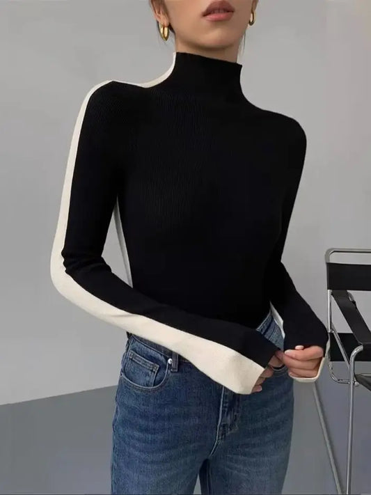 Women's Color Blocking Knitted Pullover Turtleneck Slim Long Sleeve Warm Soft Base Sweater Autumn Winter Female Tops