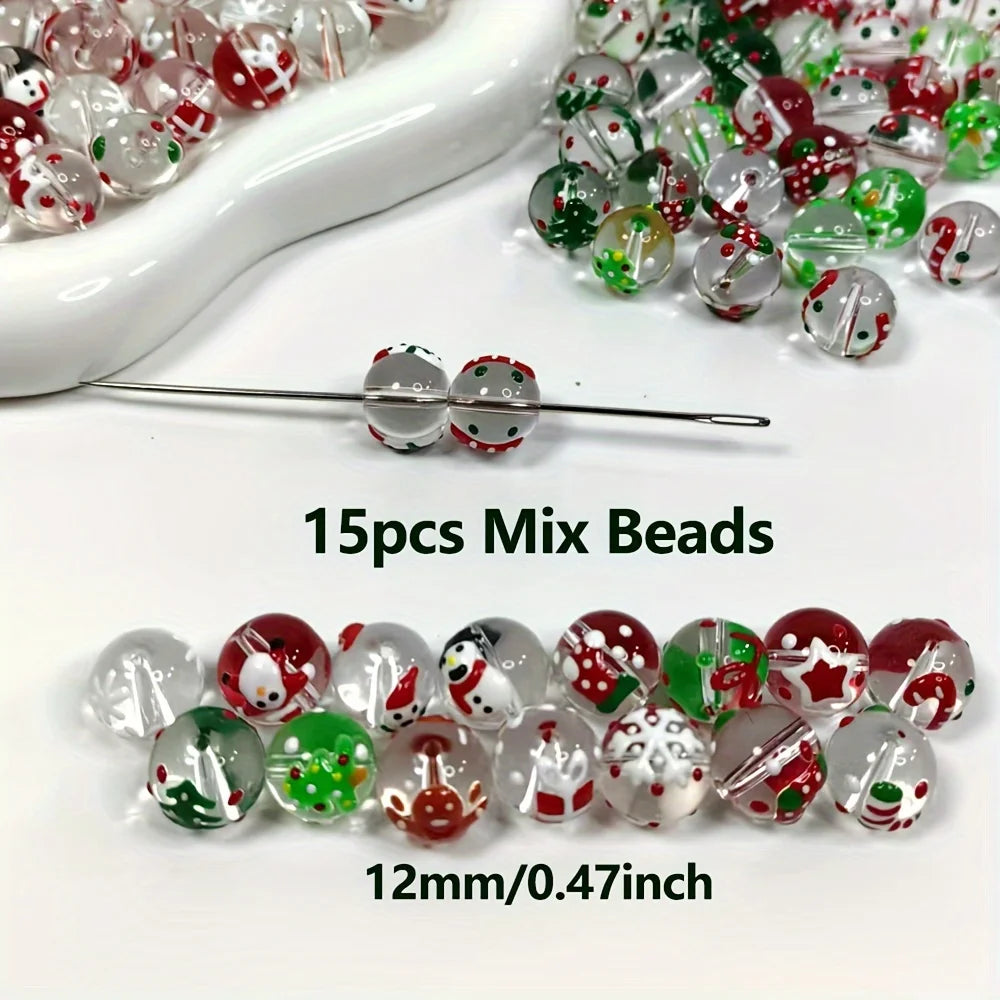 15Pcs 12mm Christmas transparent Glass Hand-drawn Spacer Loose Beads For Jewelry Bracelets Necklace Making DIY Accessories