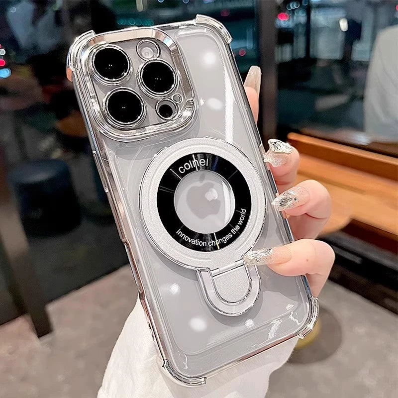Luxury Plating Magnetic Bracket for Magsafe Clear Case for iPhone 17 16 15 Pro Max 11 12 13 14 Holder Stand Shockproof Cover