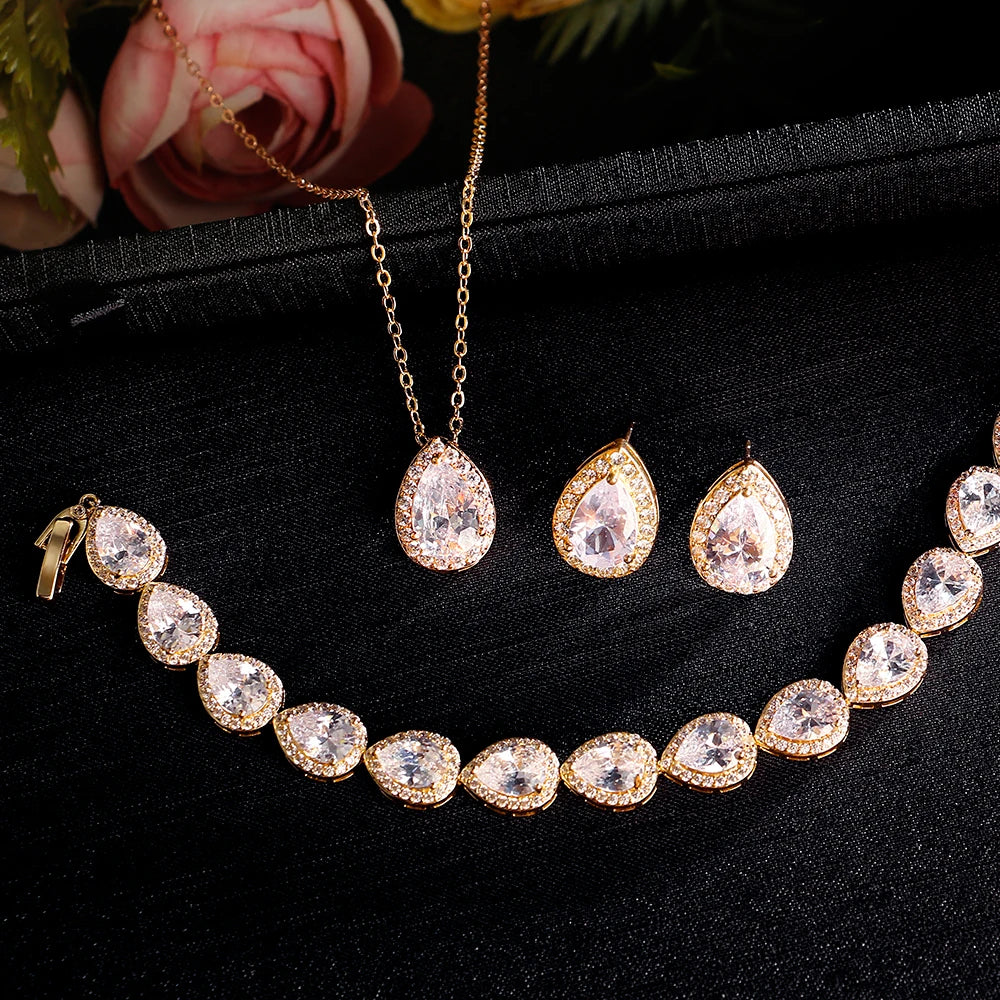 ZAKOL 3/2pcs Shiny Crystal Zircon Water Drop Earring Necklace Bracelet Jewelry Set for Women Elegant Wedding Party Jewelry