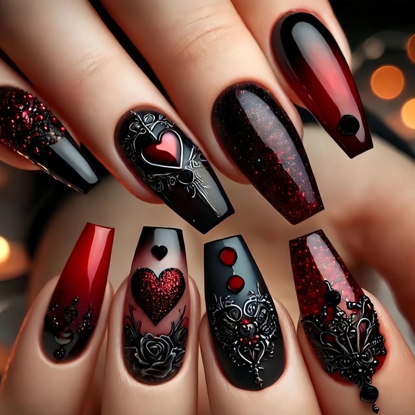Medium long fake nails dark red black rose flowers heart design for Valentine's Day reusable ABS press on Artificial nails art