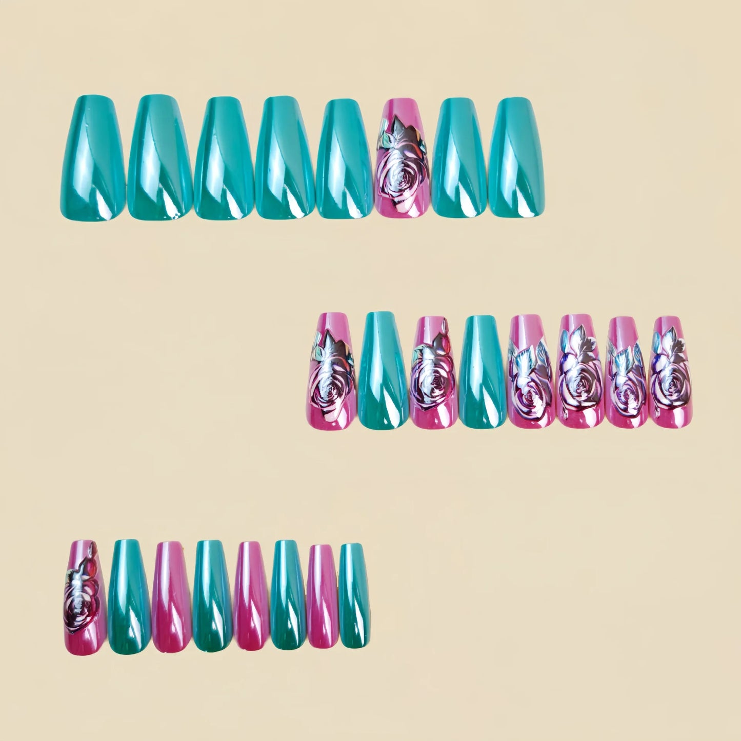 Short Medium fake nails for women girls green purple golden colors flowers leaf design glossy square ballet shape press on nails