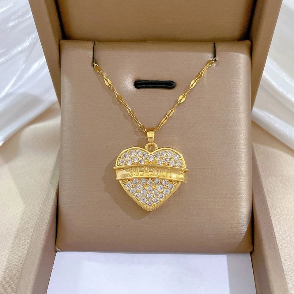 Trendy Heart Stainless Steel Zirconia Necklaces For Women Girls Love Gold Color Metal Necklace Party Birthday Daily Jewelry