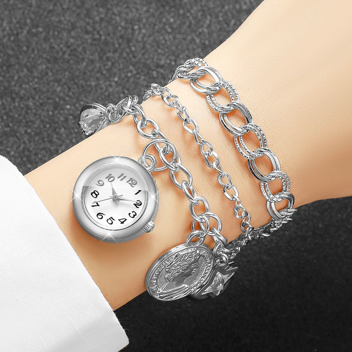 Fashion Women Silver Multi‑Layer Bracelets Watch Coin Bell Crystal Charm Ladies Quartz Wristwatches Relogio Feminino（Without Box