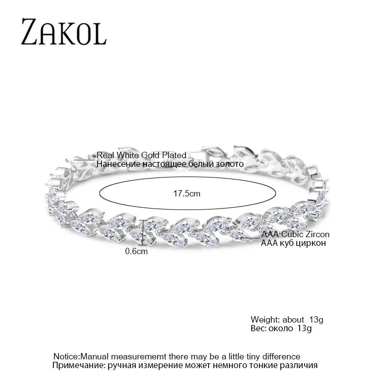 أساور ZAKOL Fashion ذات الأوراق البيضاء للنساء والرجال من الزركونيا المكعبة اللامعة بقصة الماركيز، مجوهرات لحفلات الزفاف