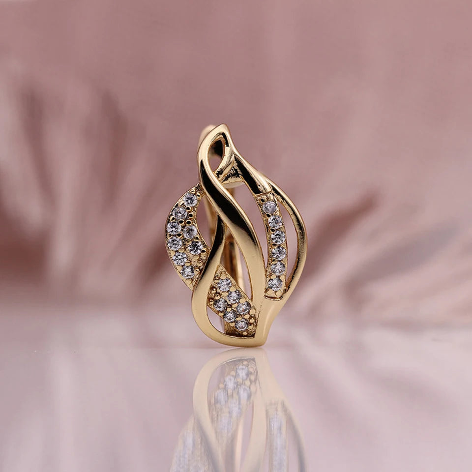 Simple Leaf Shape Hollow Stud Earring For Women AAA Zircon Gold Color Plated Ear Accessories Jewelry Gift