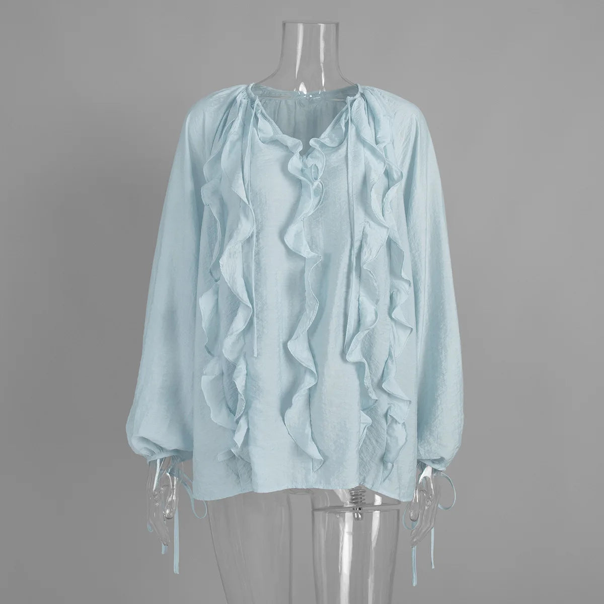 Elegant Ruffles V-Neck See-Through Patchwork Loose Blouses For Women Casual Solid Long Sleeve Female Summer Shirt Blouse Top