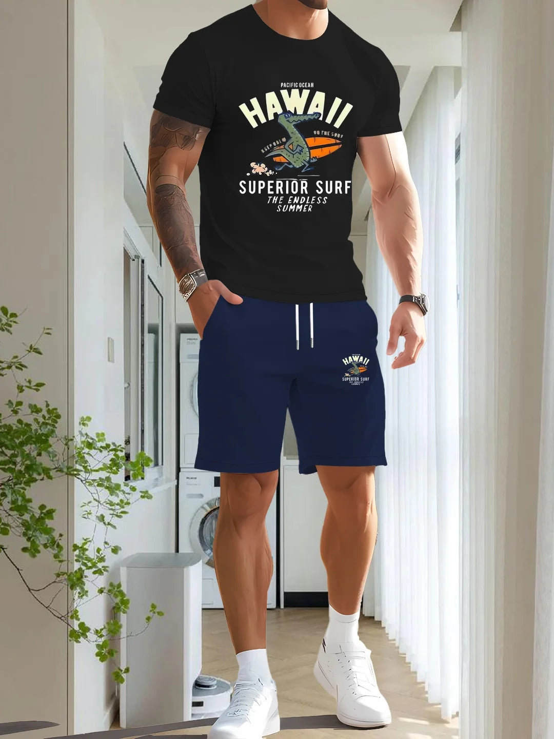 Men's printed two-piece fashionable casual round neck short sleeved T-shirt and drawstring shorts spring/summer sports suit men'