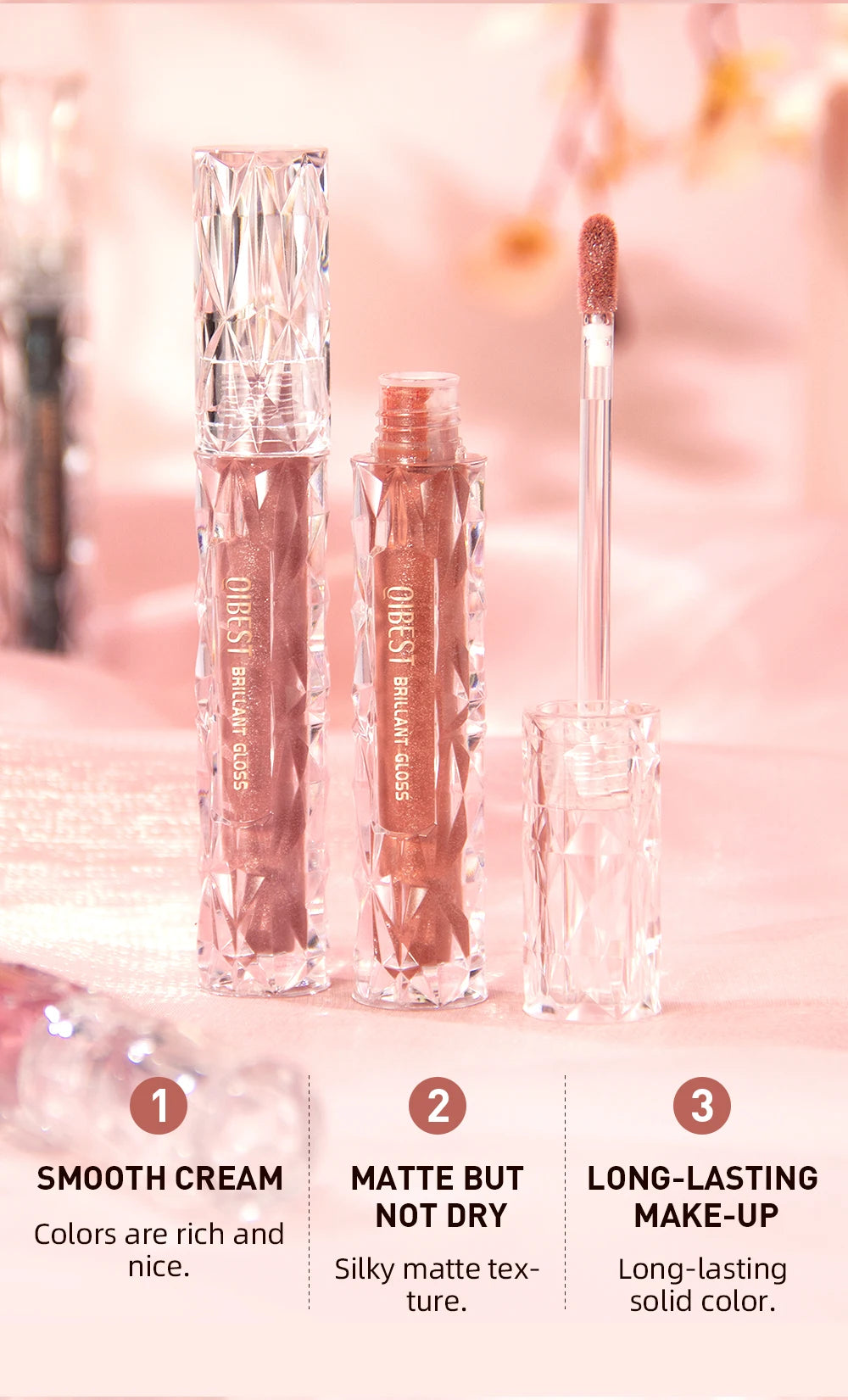 QIBEST Diamond Liquid Lipstick Moisturizing Long-Lasting Purple Sparkling Waterproof Lip Gloss Cosmetics Matte Glitter Lipstick