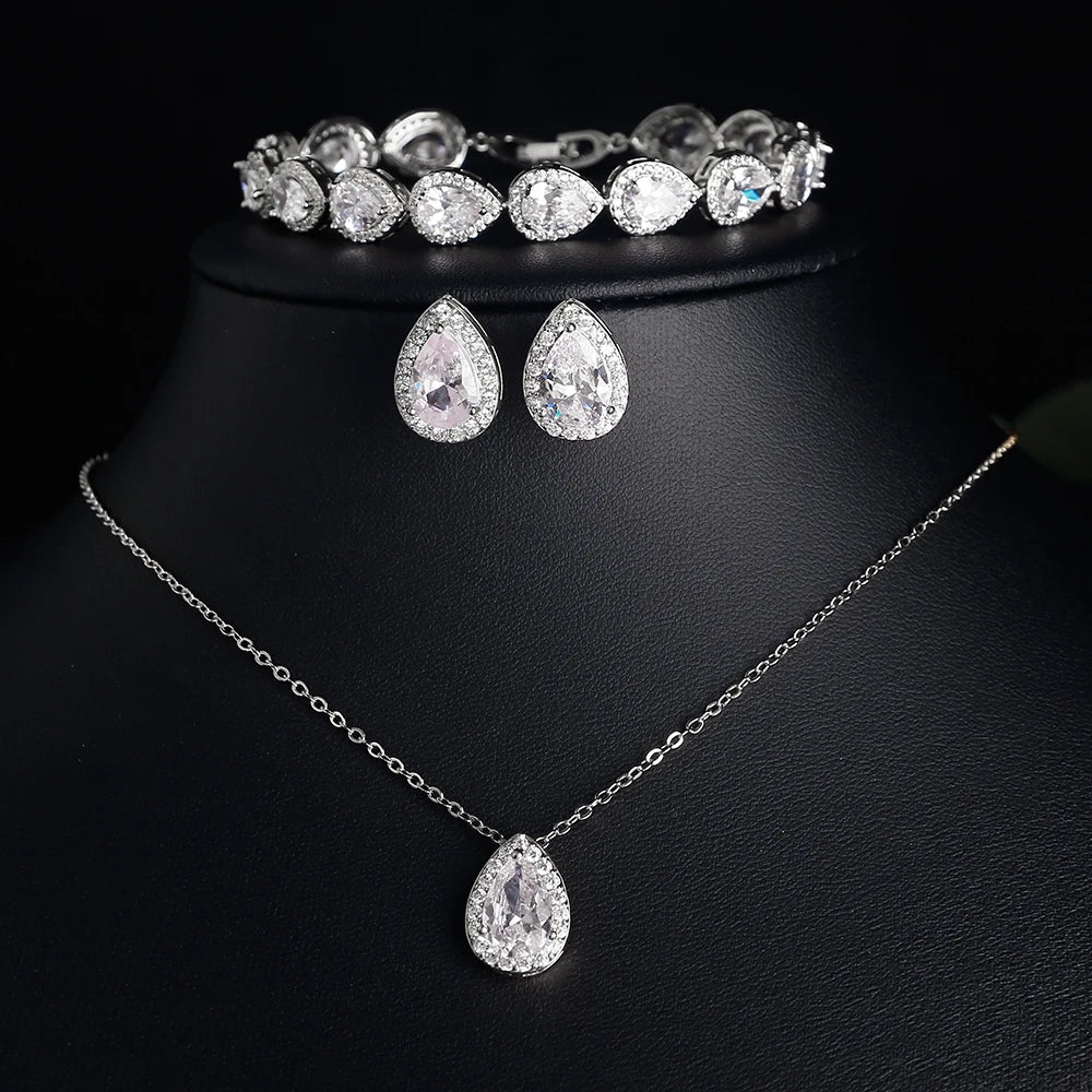 ZAKOL 3/2pcs Shiny Crystal Zircon Water Drop Earring Necklace Bracelet Jewelry Set for Women Elegant Wedding Party Jewelry