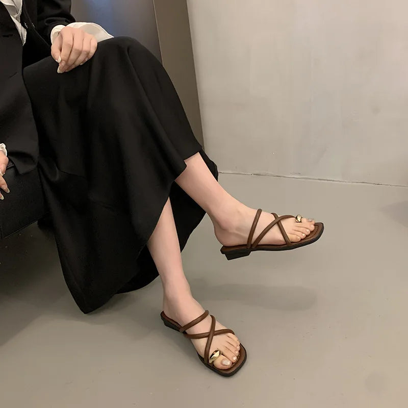 Women Summer Slippers Ladies Sandals Metal Decor Thong Flip Flop Low Heel Shoes Woman Outdoor Retro Brown Sandals Female