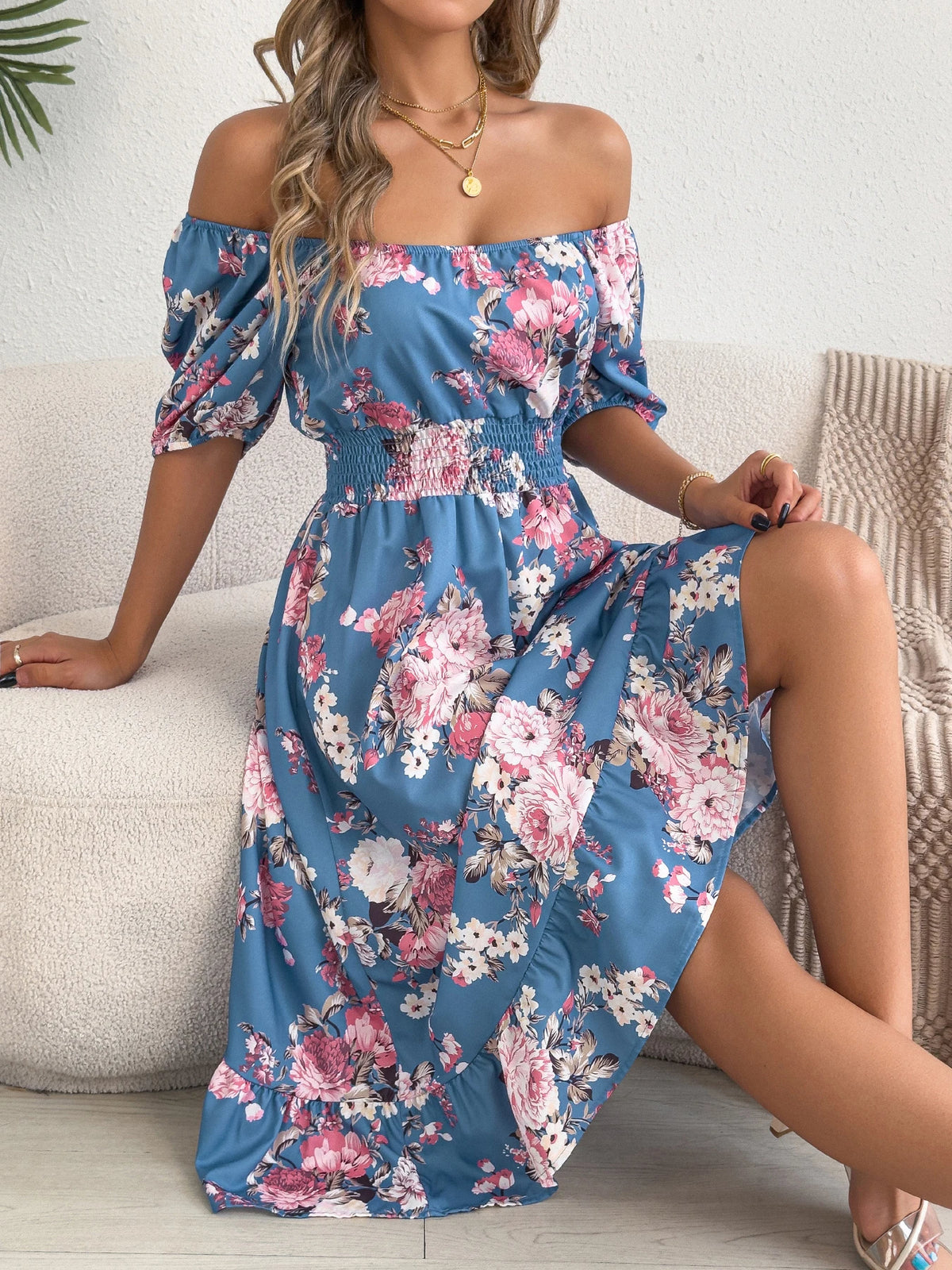 Elegant Floral Print Dresses for Women 2026 Spring Summer Casual Square Neck Short Sleeve Waist Cinching A Line Ruffled Dress