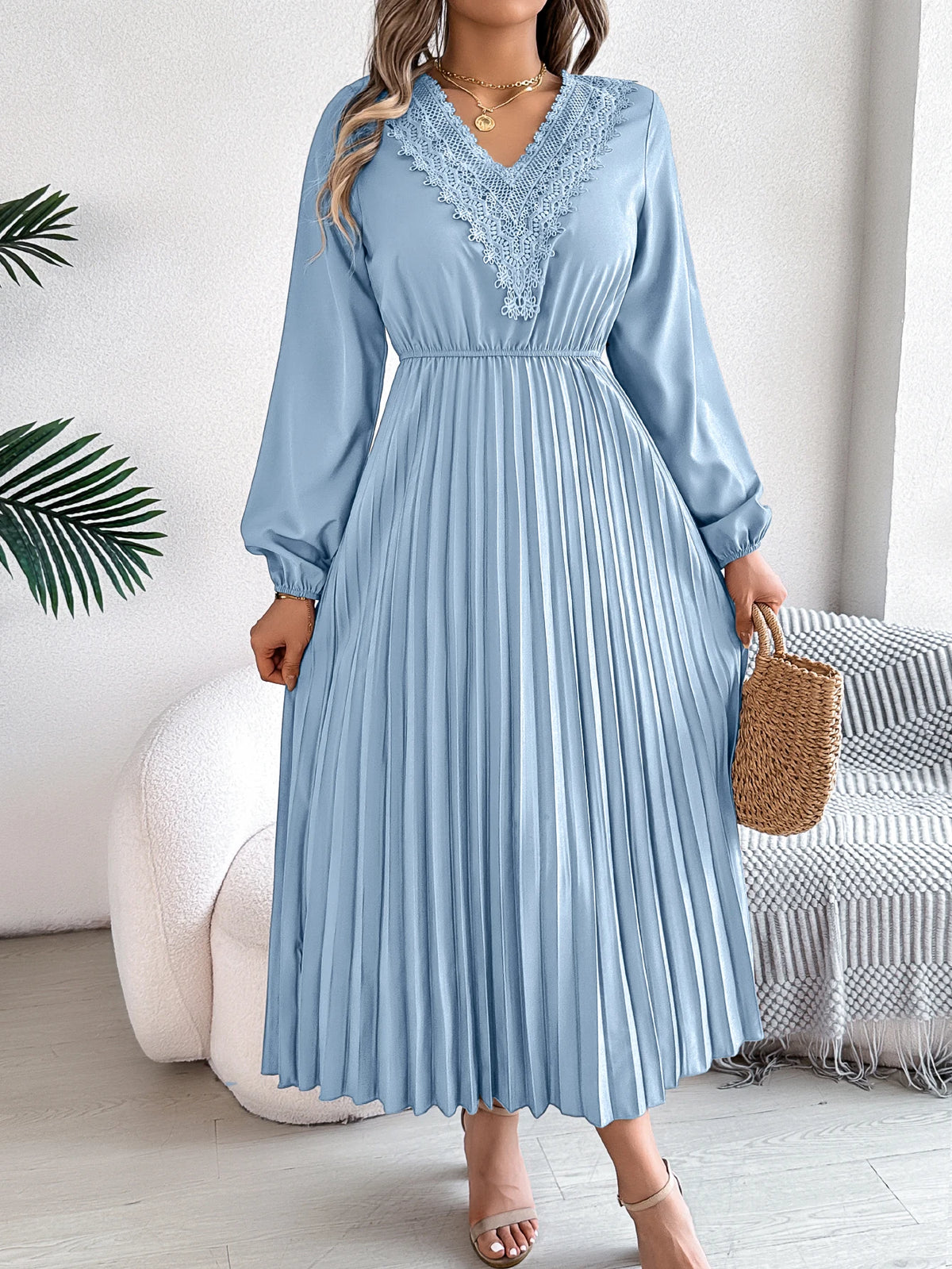 2026 Fashion Lace V Neck Lantern Long Sleeve Maxi Dress for Women Autumn Winter Casual Solid Color Pleated Dresses Khaki Red