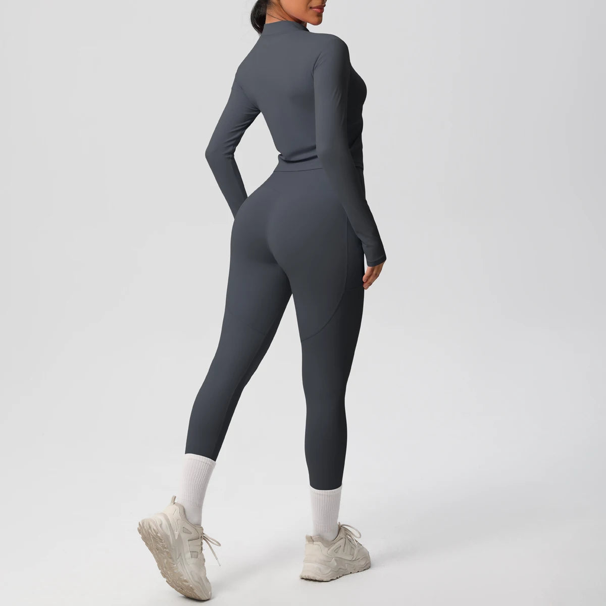 2PCS Yoga Suit Women Gym Set Leggings With Pocketed Women Tracksuit Running Zipper Workout Sportswear Long Sleeve Sports Shirt