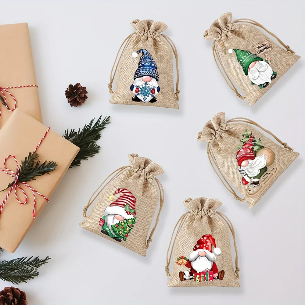 12Pcs Retro Red Truck Christmas Drawstring Pockets, Various Christmas Element Carriers, Painted and Printed Fabric Small Bags