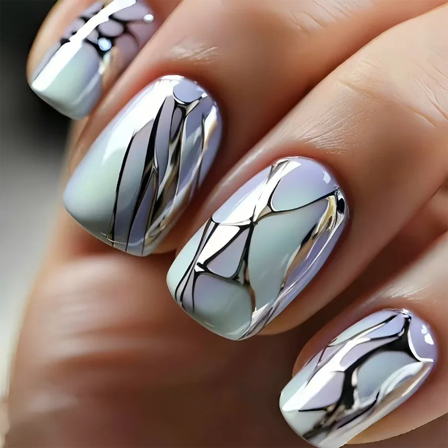 Short Medium fake nails glossy Y2K gradient green purple silver pink white golden geometric reusable ABS Artificial nails kit