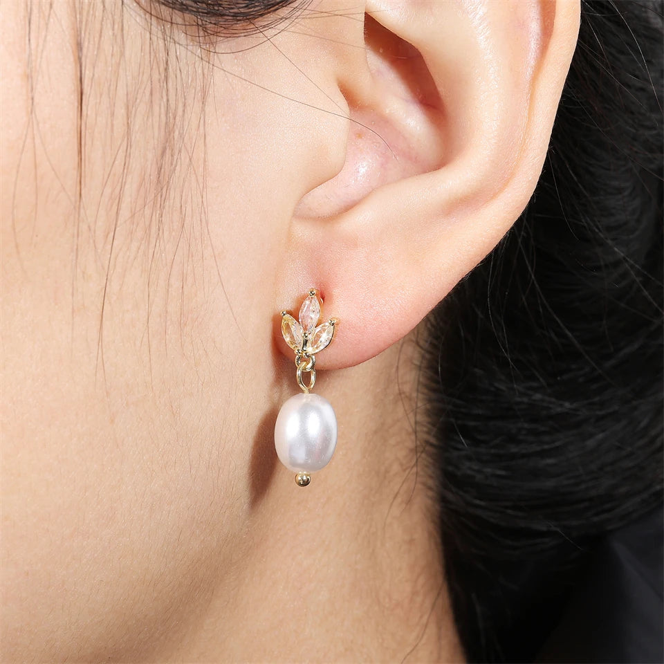 ZAKOL Fashion Leaf Shiny Zircon Pearl Drop Earring Necklaces Jewelry Sets for Women Charming Wedding Jewelry Gift