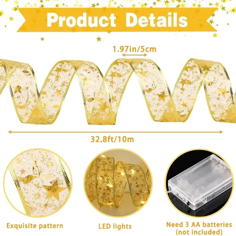 1pc Christmas Gilding Double Ribbon Christmas Ribbon LED String Lights Christmas Decorations Party Decorations Christmas Pendant