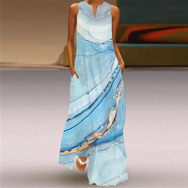 Summer Retro V-Neck Sleeveless Maxi Dress – Loose Artistic Print