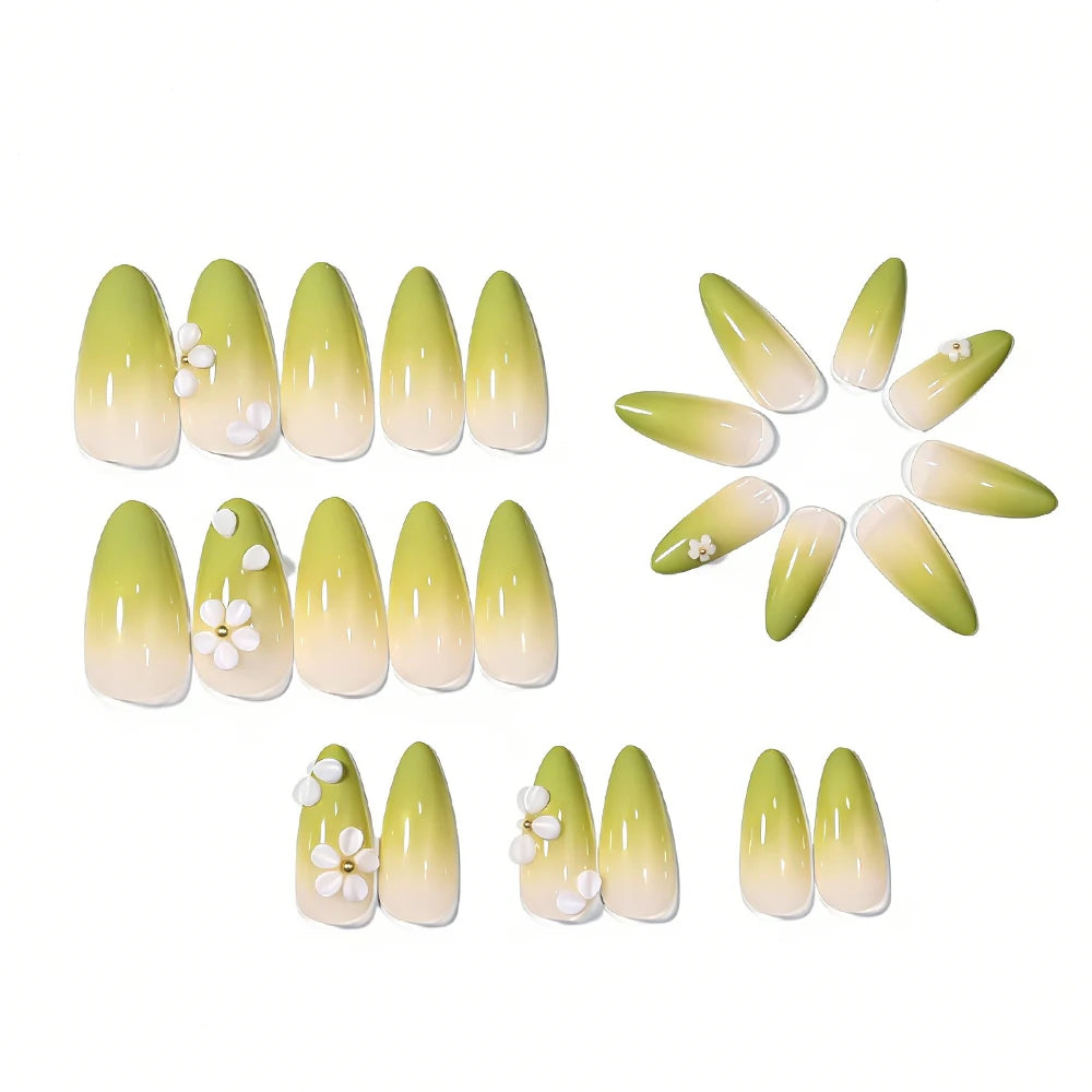 24pcs Gradient Green French Wearable Press on Nails Medium Almond Spring Petal Full Cover Fake Nail Tips Floral False Nails