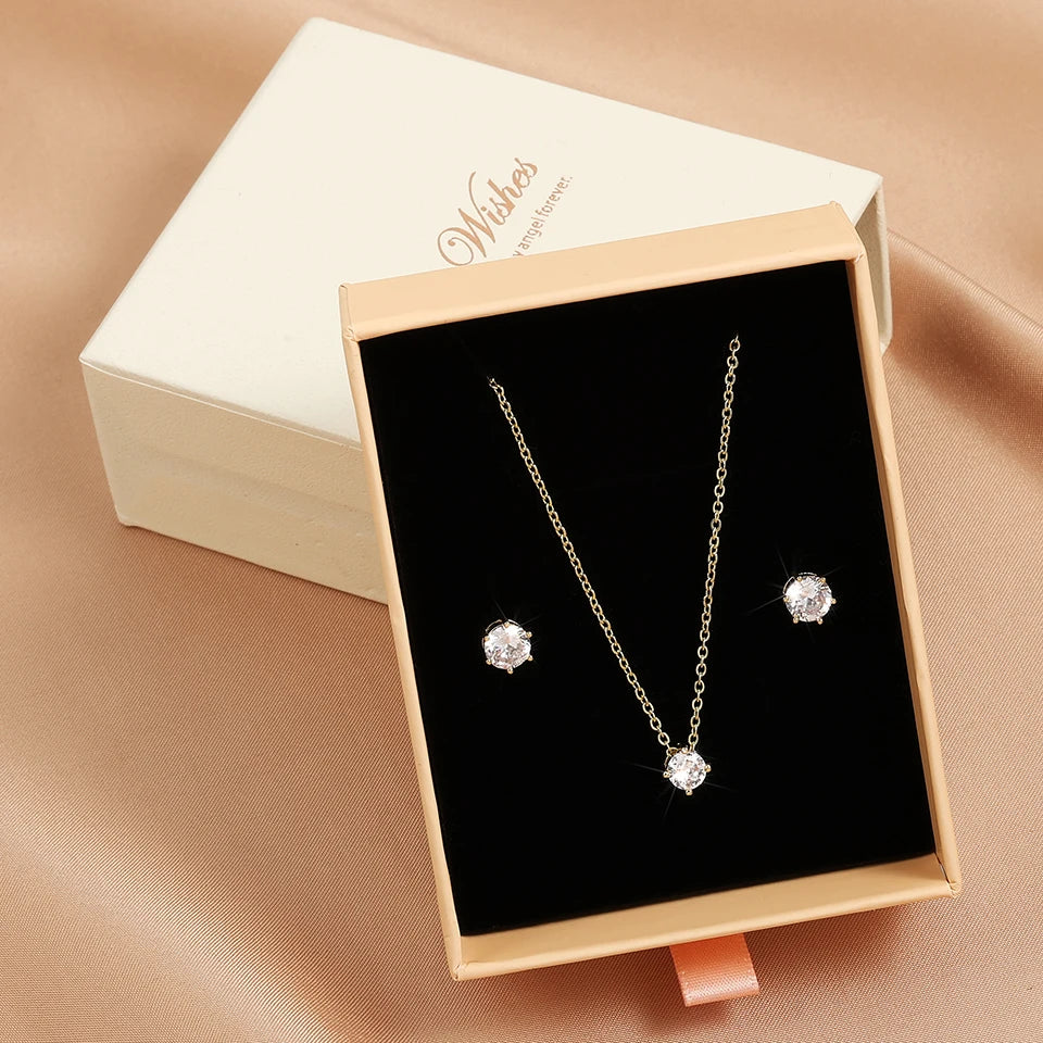 ZAKOL Exquisite Shiny Zircon Water Drop Round Earring Necklaces for Women Romantic Wedding Engagement Jewelry Set With Gift Box