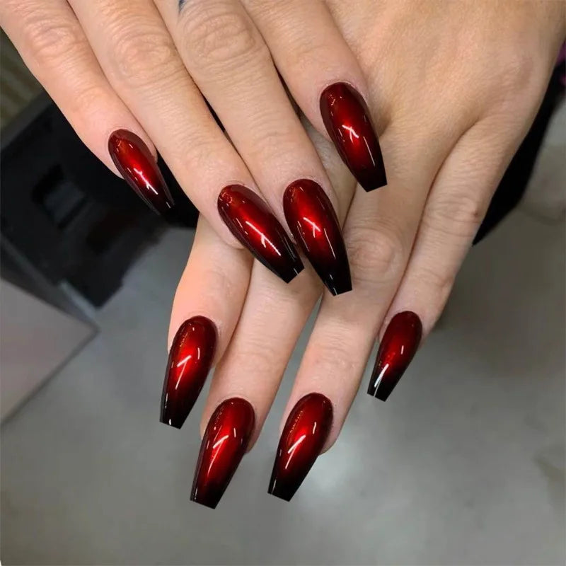 24pcs Red Black Gradient Acrylic Fake Nails Long Ballet Coffin Decorated False Nails with Glue Manicure Reusable Press on Nails