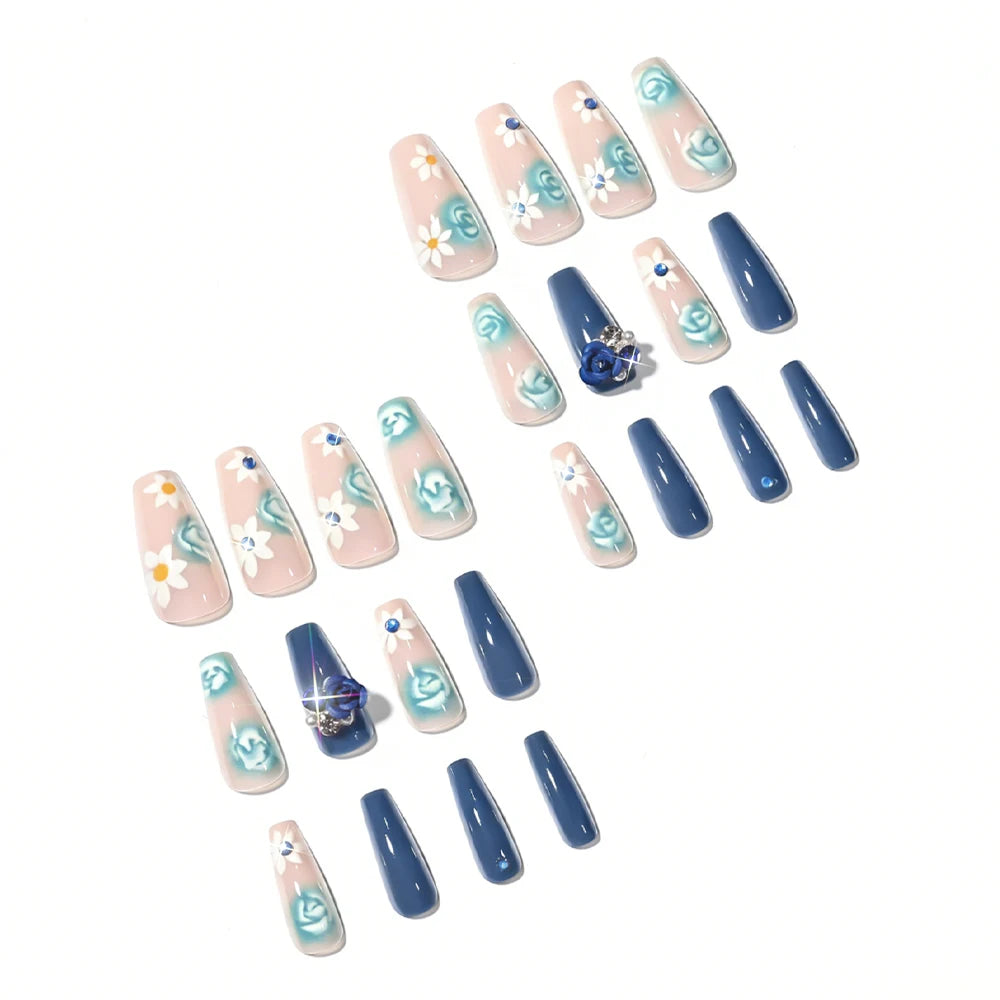24Pcs Mid-length Ballet Fake Nails Blue Flower Design Wearable Press on Nails Women Floral Medium Square Full Cover False Nails