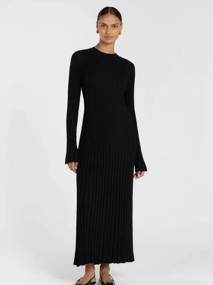 Vintage Lace-Up Female Knit Maxi Dress Elegant High Waist Patchwork Long Sleeve Loose Solid Dress Bodycon Knitwear Basic Dresses