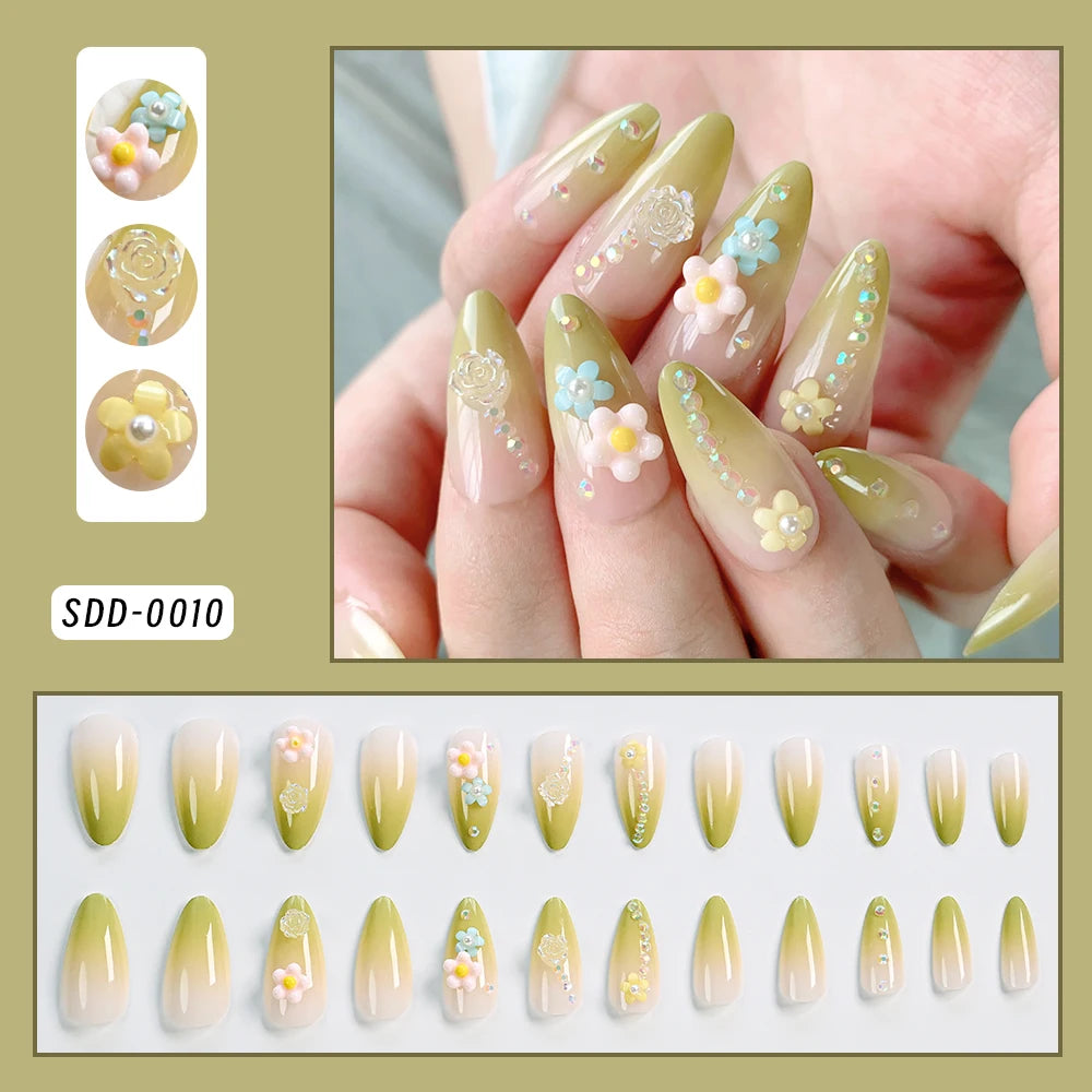 24Pcs Gradient Almond French False Nails Spring Flower Design Full Cover Fake Nails Extension Wearable Press on Nails for Women