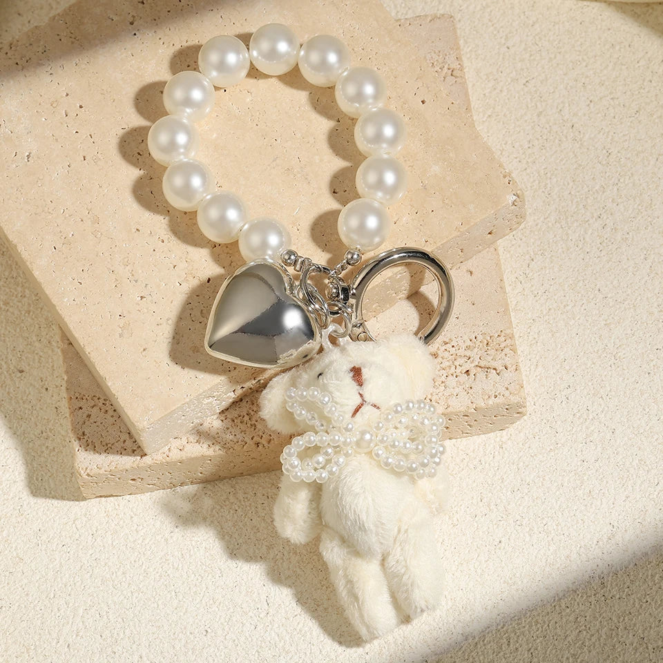 ZAKOL Korean Fashion Imitation Pearl Bear Doll Pendant Keychain Handbag Mobile Phone Accessories Gift for Women Girls