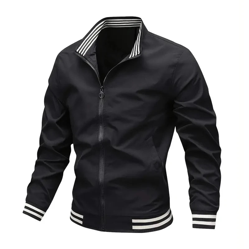Autumn Winter Men's Long-sleeved Zipper Stand Collar Jacket Non-fleece 100% Polyester Fiber Collar Striped Design Casual Jacket